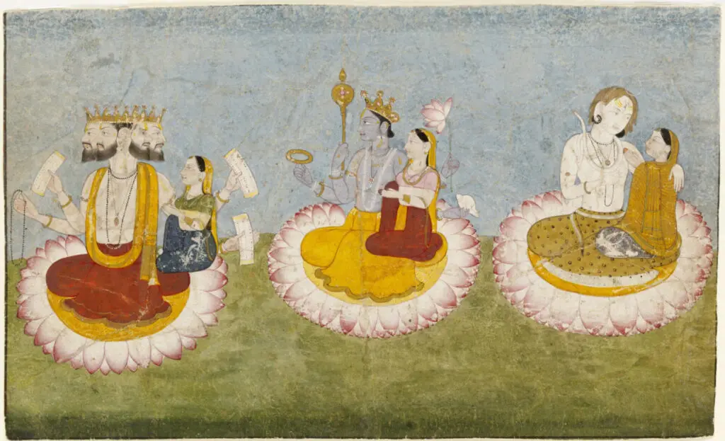 brahma, vishnu and shiva seated on lotuses with their consorts, ca1770